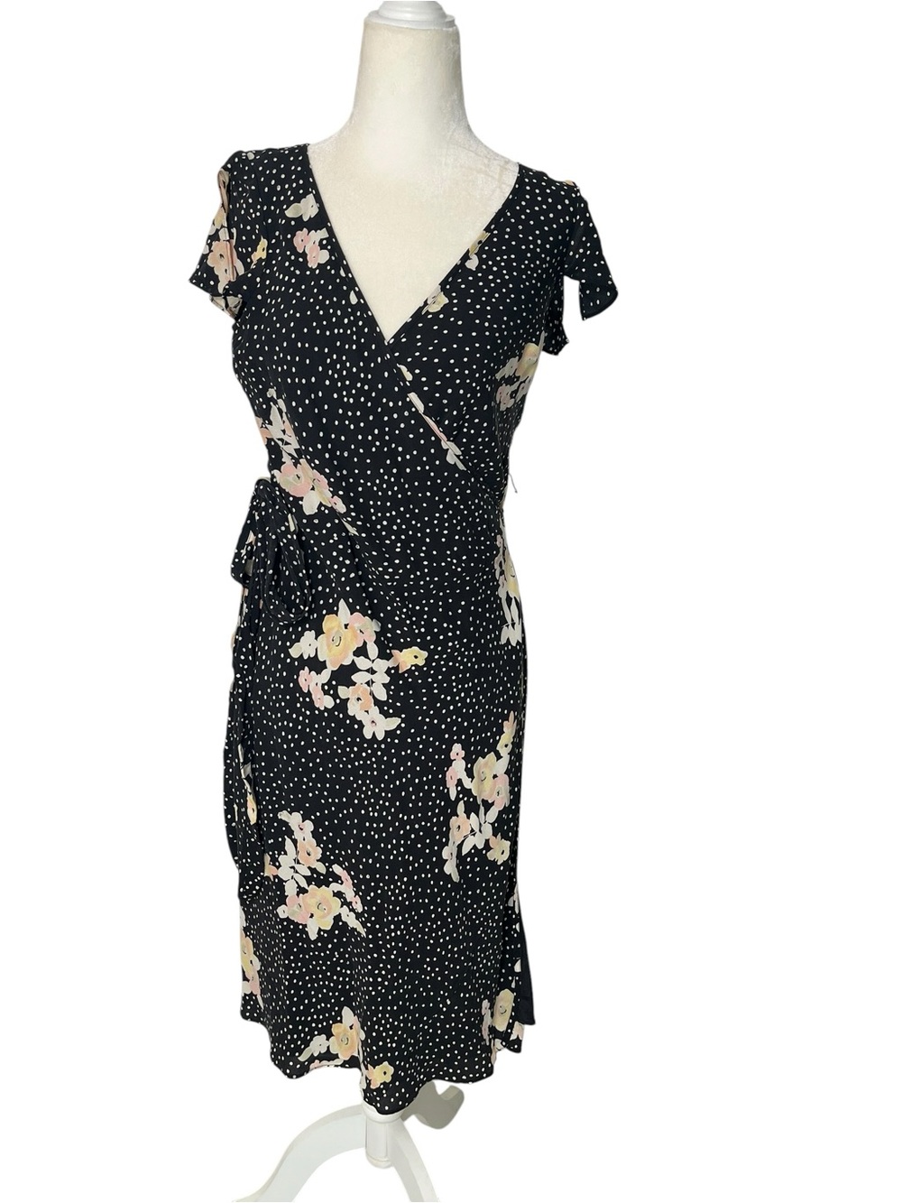 Banana Republic 100% Silk Polka Dot Floral Wrap Midi Dress Black Cream Size 4